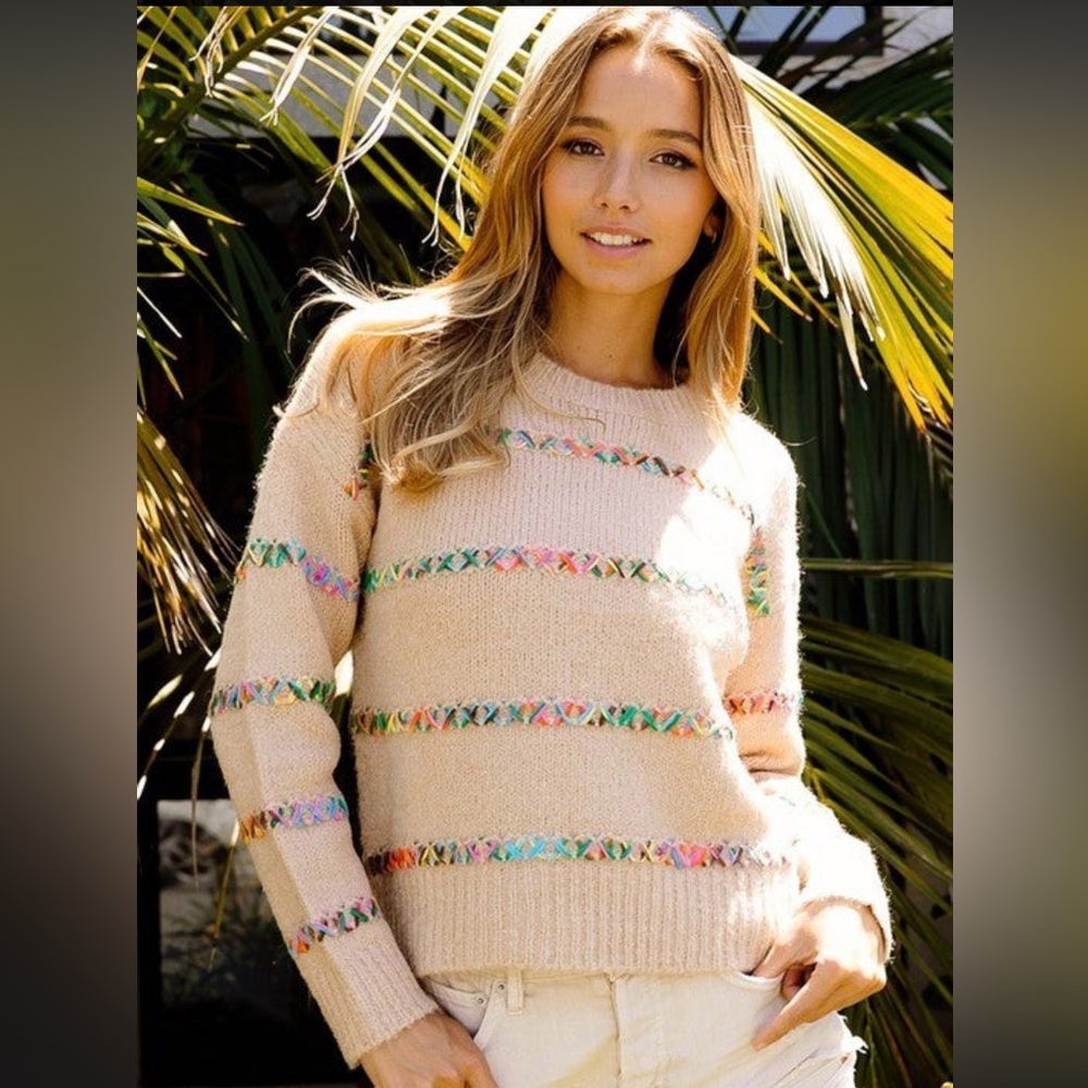 BiBi NWT Oatmeal Sweater with Multi-Colored Stitching Accent - Size Small